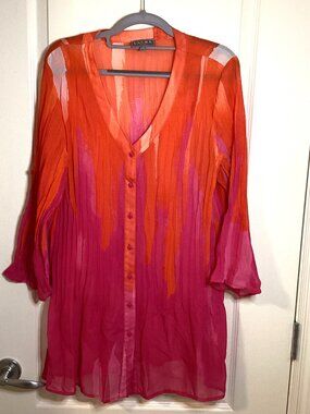 Laura Plus Women's Pink Sheer Tunic Blouse Roll-up Sleeves Size 1X